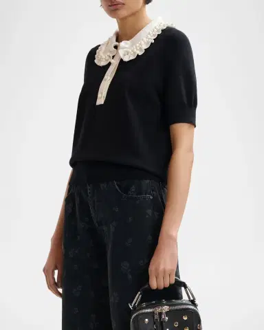 Essentiel Antwerp Ruffle Fine-Knit Polo Top with Bead Embellishments | Thumbnail 4