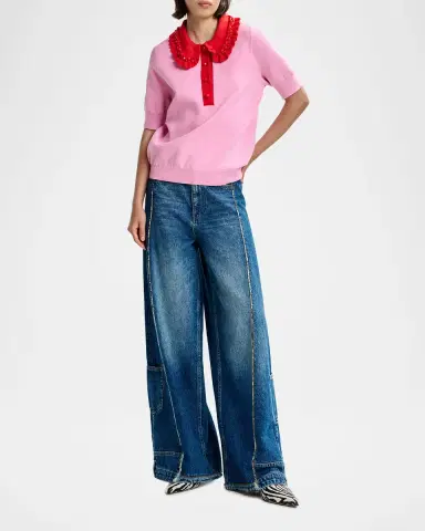 Essentiel Antwerp Ruffle Fine-Knit Polo Top with Bead Embellishments | Thumbnail 5
