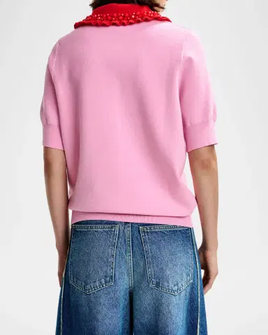 Essentiel Antwerp Ruffle Fine-Knit Polo Top with Bead Embellishments | Thumbnail 6
