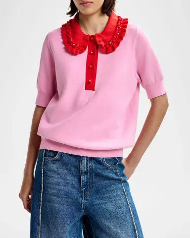 Essentiel Antwerp Ruffle Fine-Knit Polo Top with Bead Embellishments | Thumbnail 7
