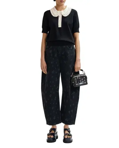Essentiel Antwerp Ruffle Fine-Knit Polo Top with Bead Embellishments | Thumbnail 1