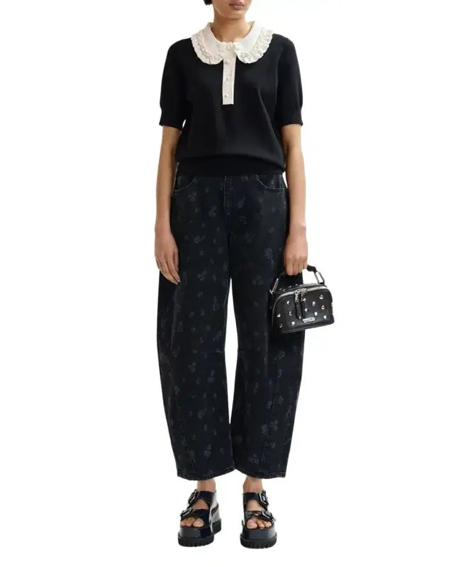 Ruffle Fine-Knit Polo Top with Bead Embellishments