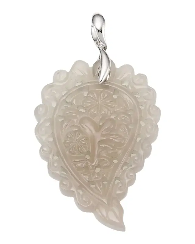 India 18K White Gold & Grey Chalcedony Medium Leaf Pendant