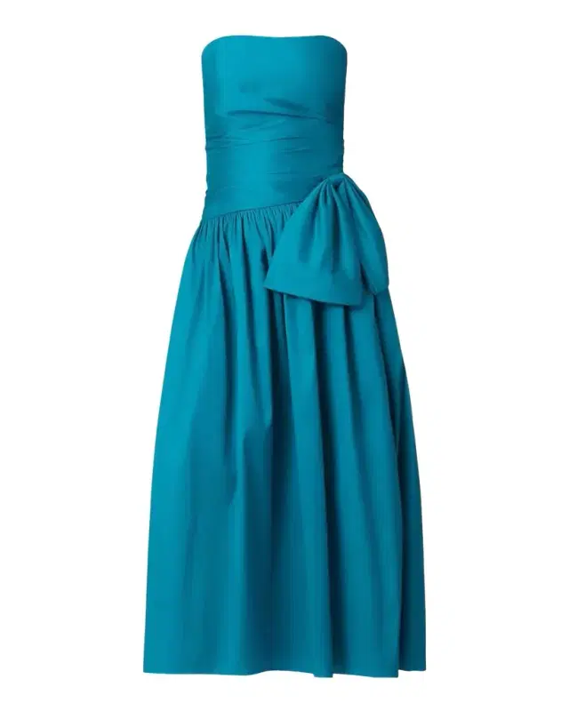 Sonia Strapless Side-Bow Satin Midi Dress
