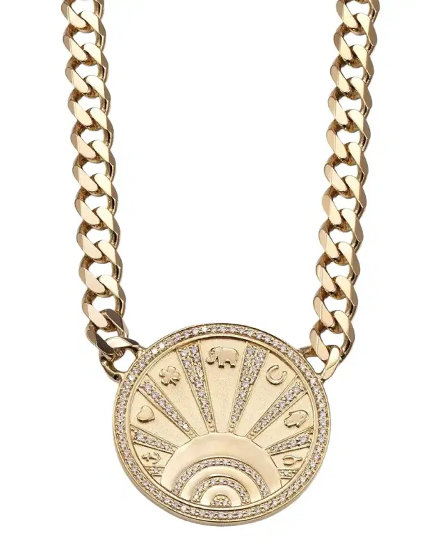 14K Diamond Pave Rays Evil Eye Luck Coin Necklace