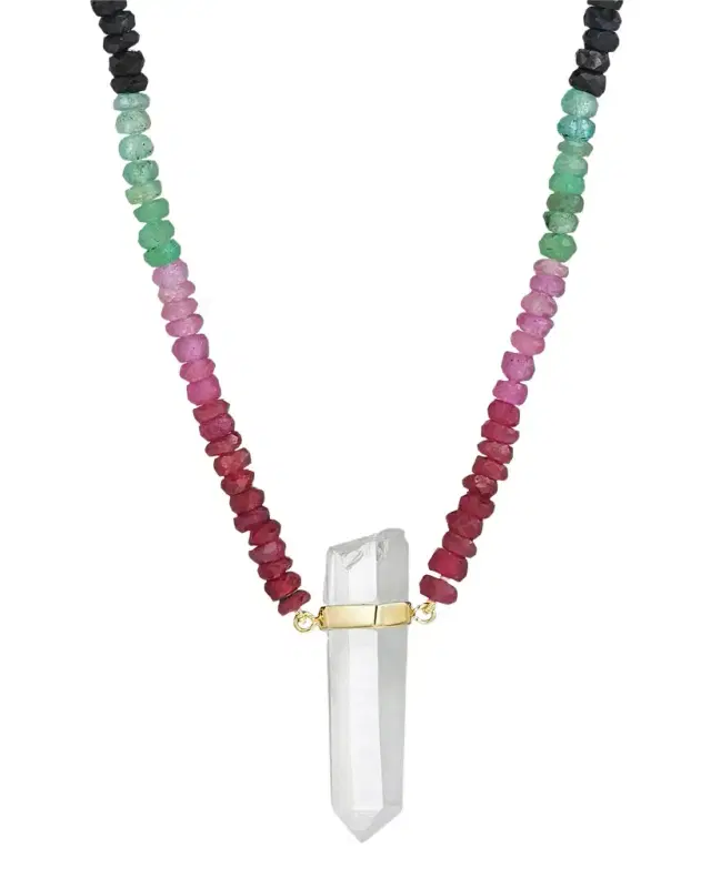 Arizona 14K Yellow Gold, Dark Rainbow Sapphire & Crystal Quartz Pendant Beaded Necklace