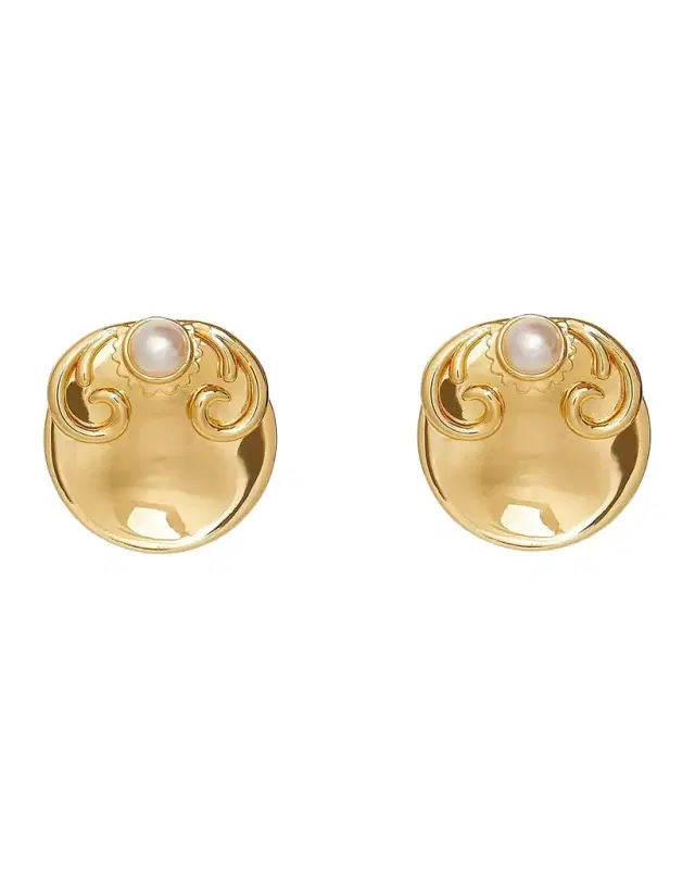 14K-Gold-Plated & Imitation Pearl Filigree Button Stud Earrings