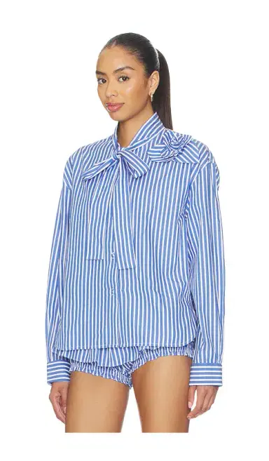 Aknvas Flor Poplin Deep Blue Stripe Shirt With One Rose | Thumbnail 2