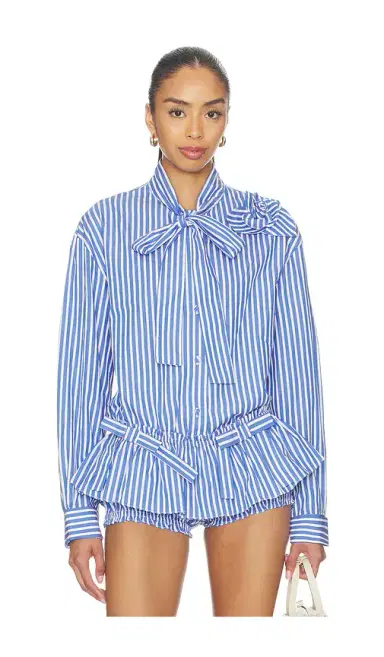 Aknvas Flor Poplin Deep Blue Stripe Shirt With One Rose | Thumbnail 1