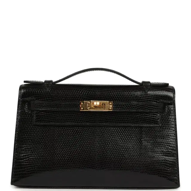 hermes Hermes Kelly Pochette Black Varanus Niloticus Lizard Gold Hardware