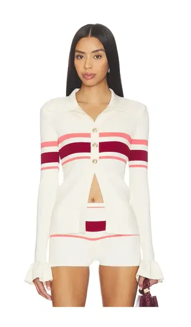 Self-Portrait Cream Stripe Viscose Knit Button Top | Thumbnail 1 Self-Portrait Cream Stripe Viscose Knit Button Top | Thumbnail 1