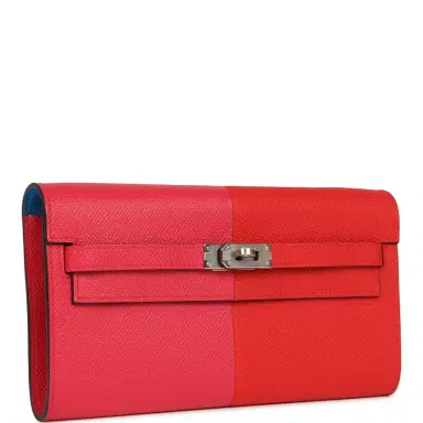 HERMÈS Hermes Kelly Wallet To Go Casaque Rouge De Coeur, Rose Extreme and Bleu Zanzibar Epsom Palladium Hardware | Thumbnail 2 HERMÈS Hermes Kelly Wallet To Go Casaque Rouge De Coeur, Rose Extreme and Bleu Zanzibar Epsom Palladium Hardware | Thumbnail 2