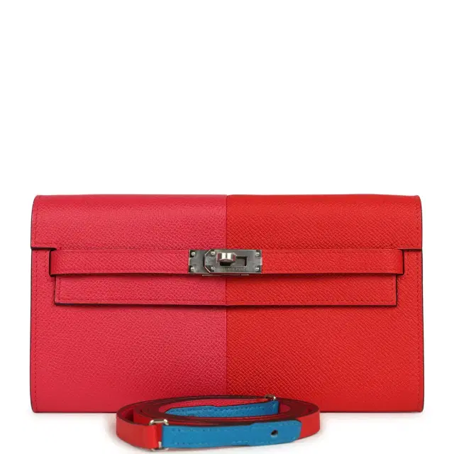 hermes Hermes Kelly Wallet To Go Casaque Rouge De Coeur, Rose Extreme and Bleu Zanzibar Epsom Palladium Hardware