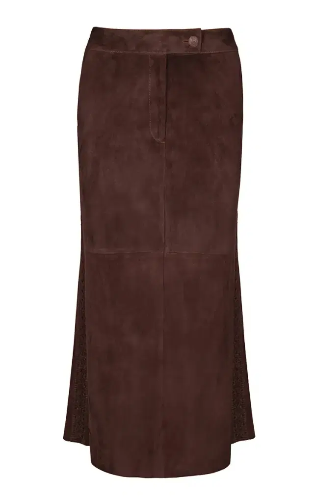 El Buque Embroidered Suede Midi Skirt