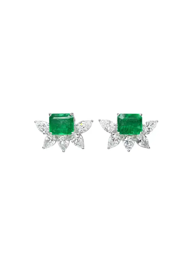 12.81ct Emerald Diamond 18K Gold Leaf Earrings