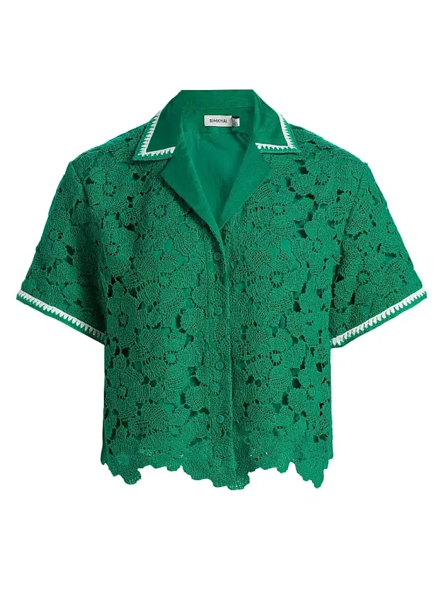 SIMKHAI Women's Glenn Lace Camp Shirt - Kelly Green