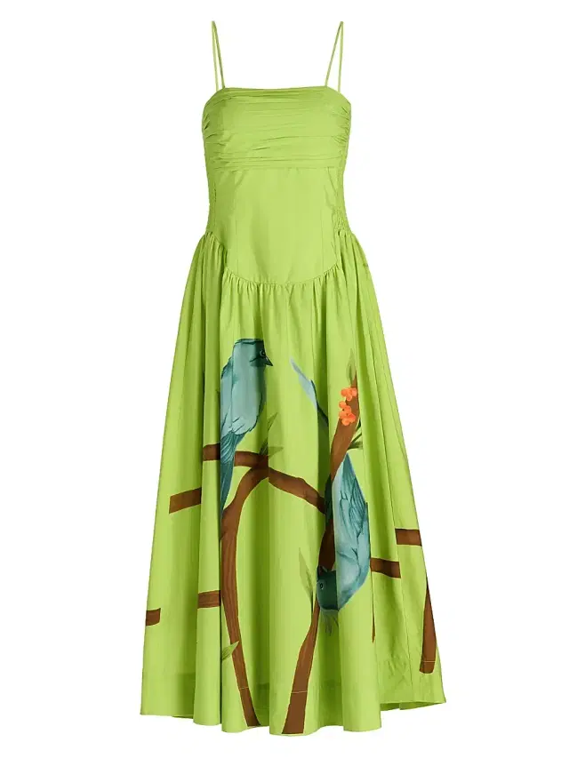 Farm Rio Women's Bird Print Poplin Tea-Length Dress - Green