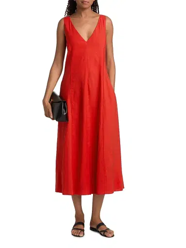 Vince Women's V-Neck Linen-Blend Sleeveless Midi-Dress - Poppy - Size XXS | Thumbnail 3