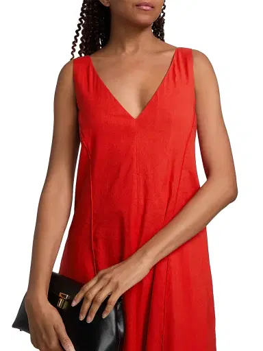 Vince Women's V-Neck Linen-Blend Sleeveless Midi-Dress - Poppy - Size XXS | Thumbnail 6