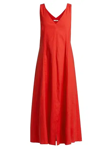 Vince Women's V-Neck Linen-Blend Sleeveless Midi-Dress - Poppy - Size XXS | Thumbnail 1