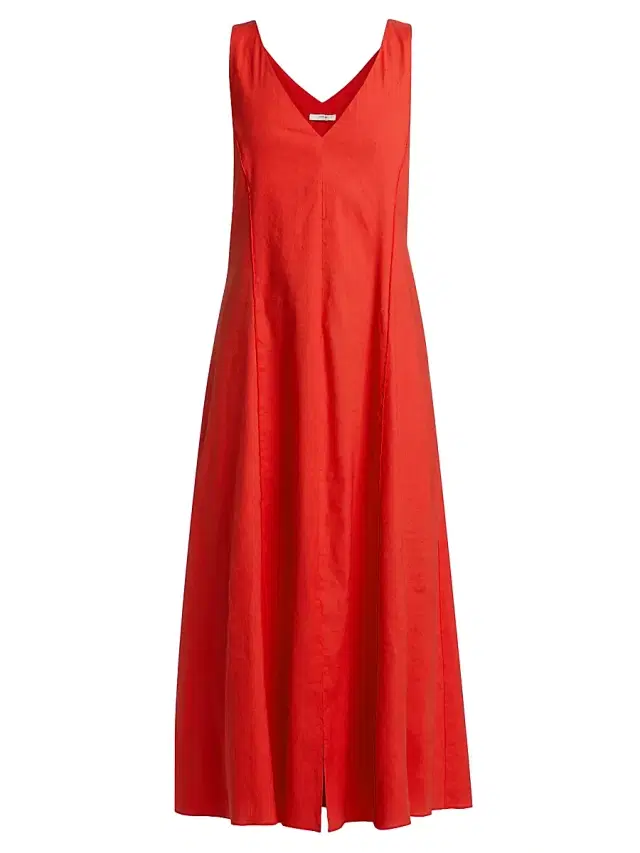 Vince Women's V-Neck Linen-Blend Sleeveless Midi-Dress - Poppy