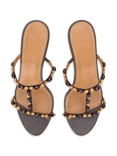 Staud Women's Talita Beaded Leather T-Strap Sandals - Wood Beads - Size 9.5 | Thumbnail 4