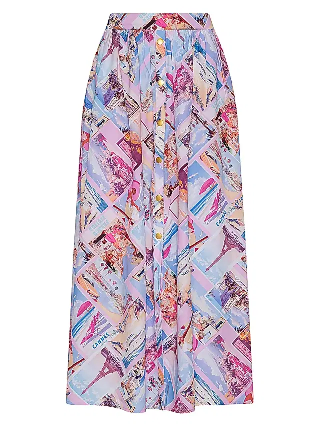 L'AGENCE Women's Seina Postage Print Button-Front Midi-Skirt - Light Pink Postcard Print