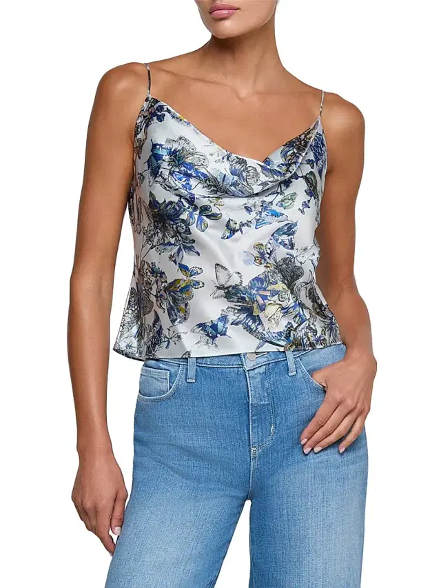 L'AGENCE Women's Calista Silk Cowlneck Cami - Grey Watercolor Butterfly
