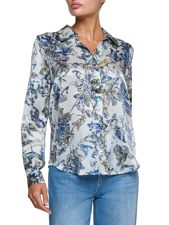 L'AGENCE Women's Tyler Watercolor Butterfly-Print Silk Blouse - Grey Watercolor Butterfly