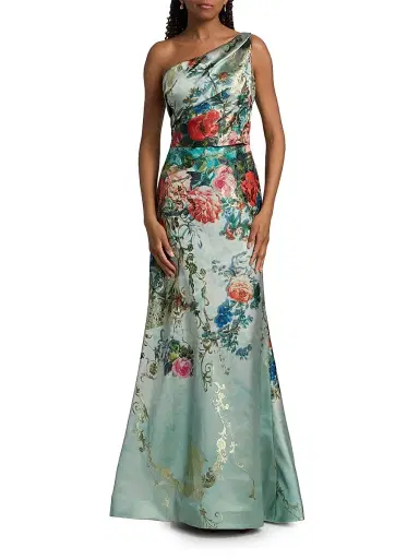 Rene Ruiz Collection Women's Floral Jacquard One-Shoulder Gown - Aqua Floral Multi - Size 18 | Thumbnail 3 Rene Ruiz Collection Women's Floral Jacquard One-Shoulder Gown - Aqua Floral Multi - Size 18 | Thumbnail 3
