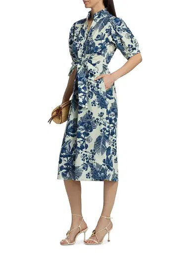 VERANDAH Women's Pushpanjali Floral Poplin Cotton Shirtdress - Ivory And Navy Gulmohar - Size XS | Thumbnail 4