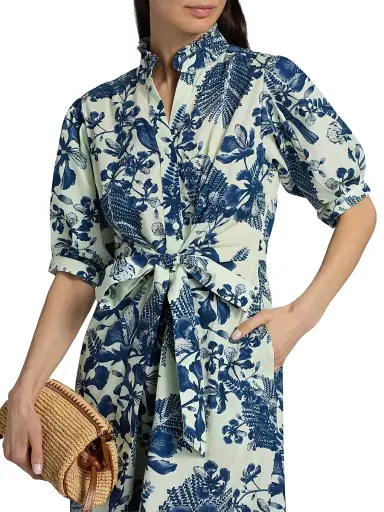 VERANDAH Women's Pushpanjali Floral Poplin Cotton Shirtdress - Ivory And Navy Gulmohar - Size XS | Thumbnail 6