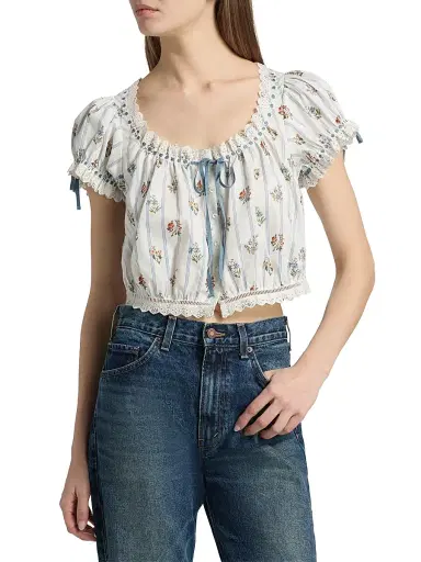 DÔEN Women's Nera Floral Cotton Crop Top - Creme Fleurs De Bordeaux - Size XS | Thumbnail 3 DÔEN Women's Nera Floral Cotton Crop Top - Creme Fleurs De Bordeaux - Size XS | Thumbnail 3