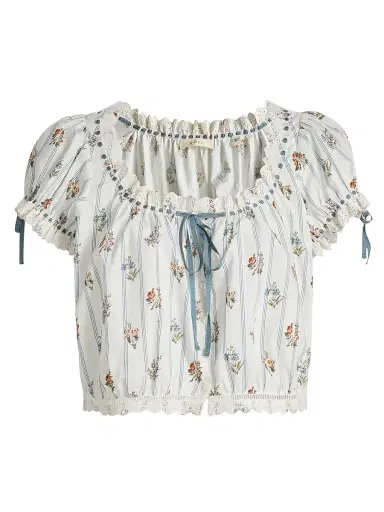 DÔEN Women's Nera Floral Cotton Crop Top - Creme Fleurs De Bordeaux - Size XS | Thumbnail 1 DÔEN Women's Nera Floral Cotton Crop Top - Creme Fleurs De Bordeaux - Size XS | Thumbnail 1
