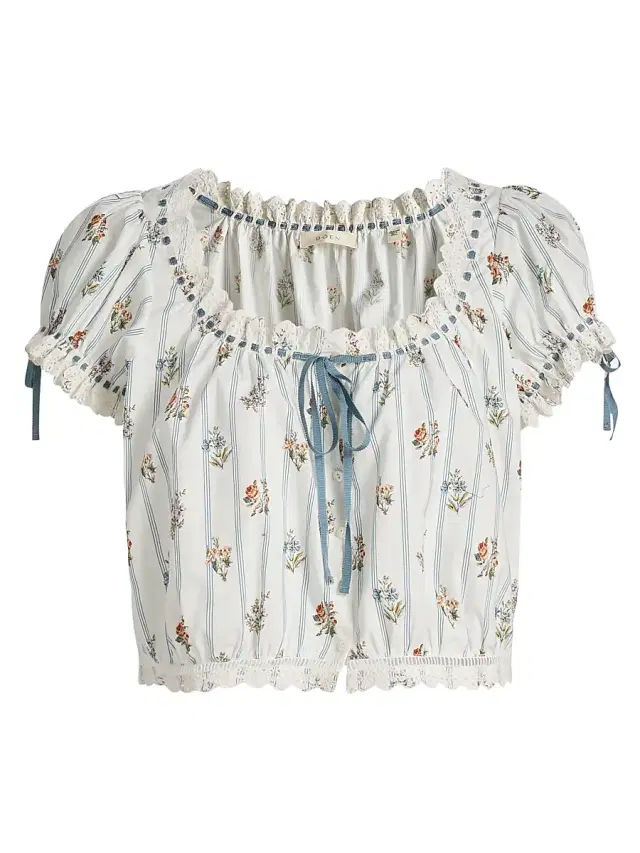 DÔEN Women's Nera Floral Cotton Crop Top - Creme Fleurs De Bordeaux
