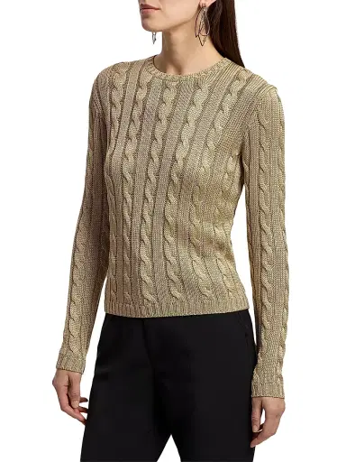 Ralph Lauren Collection Women's Cable-Knit Silk Crewneck Sweater - Light Tan | Thumbnail 3