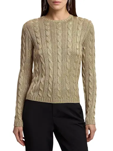 Ralph Lauren Collection Women's Cable-Knit Silk Crewneck Sweater - Light Tan | Thumbnail 4
