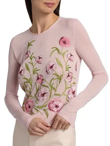 Giambattista Valli Women's Floral Embroidered Cashmere-Silk Top - Rose | Thumbnail 6 Giambattista Valli Women's Floral Embroidered Cashmere-Silk Top - Rose | Thumbnail 6