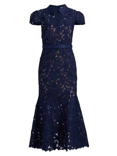 Self-Portrait Women's Guipure Lace Belted Midi-Dress - Navy - Size 2 | Thumbnail 1 Self-Portrait Women's Guipure Lace Belted Midi-Dress - Navy - Size 2 | Thumbnail 1