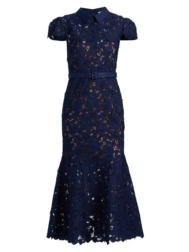 Women's Guipure Lace Belted Midi-Dress - Navy