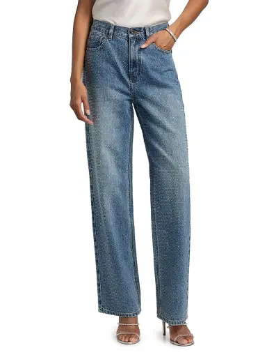 Self-Portrait Women's Rhinestone Straight-Leg Jeans - Blue - Size 32 | Thumbnail 3