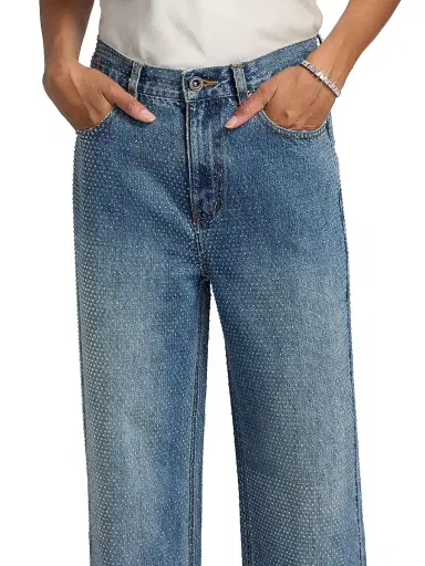 Self-Portrait Women's Rhinestone Straight-Leg Jeans - Blue - Size 32 | Thumbnail 6