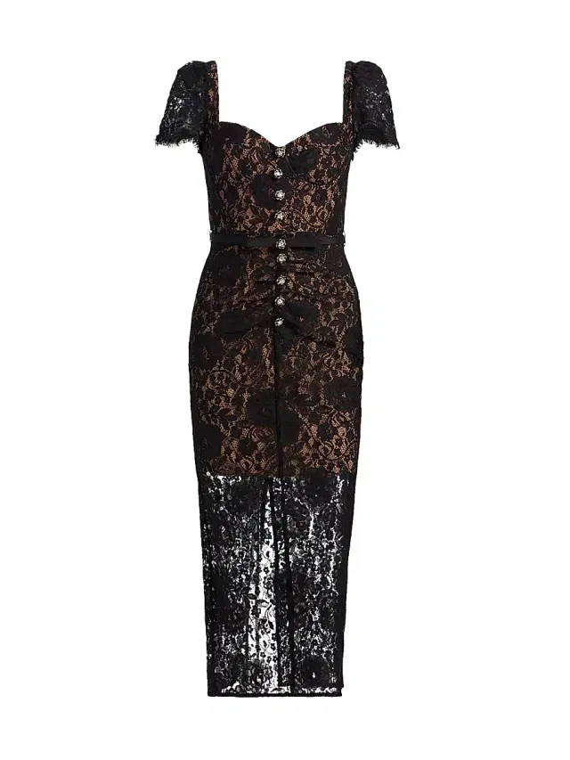 Women's Floral Lace Sweetheart Midi-Dress - Black