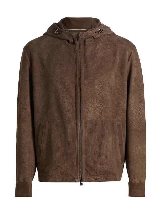 Canali Men's Perforated Suede Hooded Jacket - Brown