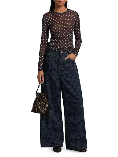 Ganni Women's Sheer Polka Dot Jersey Long-Sleeve Top - Black - Size 14 | Thumbnail 2