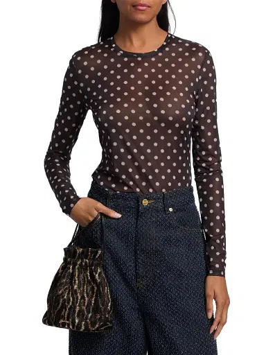 Ganni Women's Sheer Polka Dot Jersey Long-Sleeve Top - Black - Size 14 | Thumbnail 3