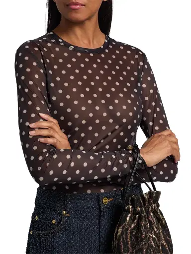 Ganni Women's Sheer Polka Dot Jersey Long-Sleeve Top - Black - Size 14 | Thumbnail 6