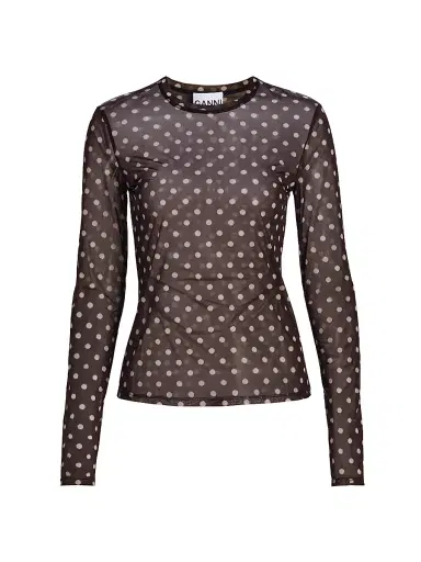Ganni Women's Sheer Polka Dot Jersey Long-Sleeve Top - Black - Size 14 | Thumbnail 1