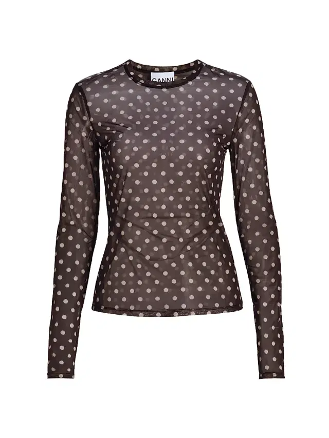 Ganni Women's Sheer Polka Dot Jersey Long-Sleeve Top - Black