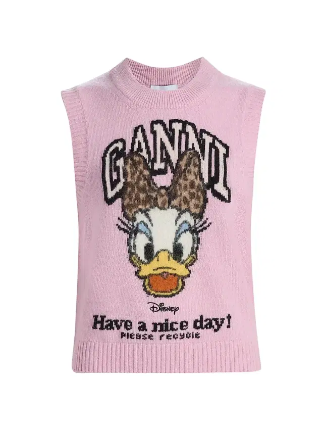 Ganni Women's Daisy Graphic Print Wool-Blend Sweater Vest - Chalk Pink